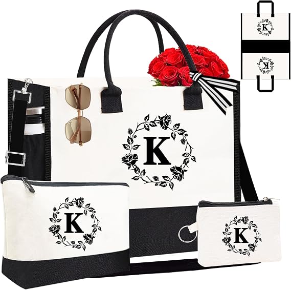 Monogram Initial Personalized Canvas Tote Bags for Women, High Density Embroidery Monogrammed Tote Bags Gifts for Women