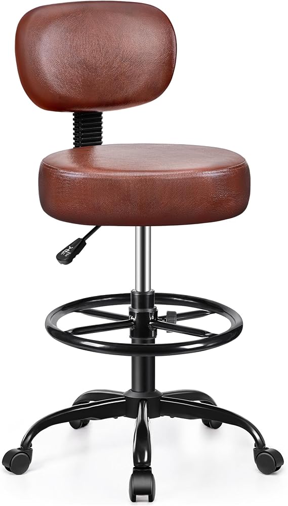 Drafting Chair with Backrest Adjustable Foot Rest Rolling Stool with Wheels, PU Leather Swivel Stool for Office Spa Studio Lab Counter Salon Home Work Bar Kitchen Shop(Ember Brown)