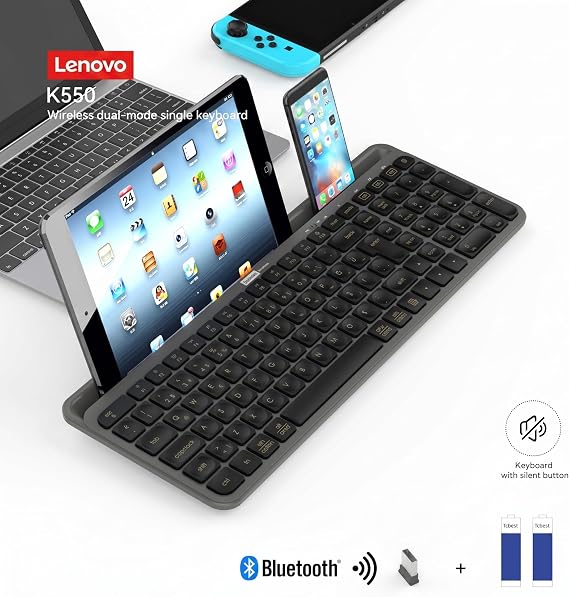 Lenovo K550 Dual-Mode Kablosuz Klavye - Bluetooth + 2.4GHz, Entegre Tablet ve Telefon Standlı, Sessiz Tuşlar, Q Türkçe, Siyah