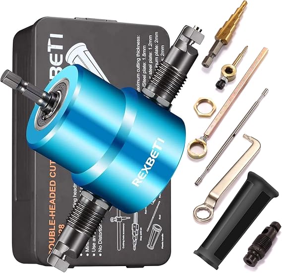 REXBETI Metal Nibbler, Sheet Metal Cutter Drill Attachment, Double Head | Double Head Metal Nibbler, Sheet Metal Nibbler Drill Attachment, HSS Blades, Straight Curve Circle Cutting, 14 Gauge Steel