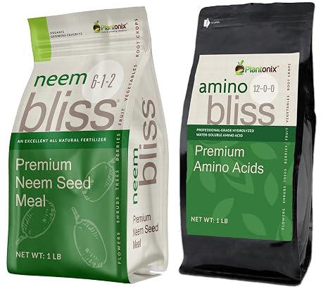 Neem Bliss (1lb) + Amino Bliss (1lb) - Neem Cake for Plants & Amino Acids for Plants - Neem Seed Meal Organic Fertilizer - Amino Acids for Better Nutrient Absorption & Water Retention in Potting Soil