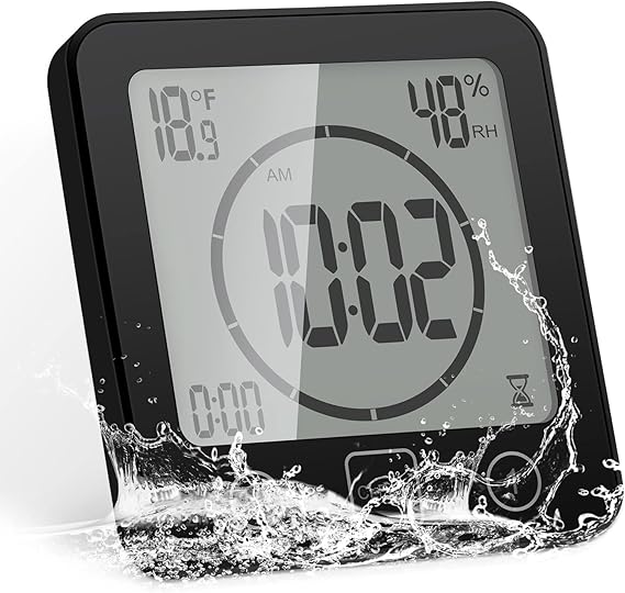 Shower Clock Waterproof Timer, Bathroom Digital Wall Clock with Countdown, Temperature, Humidity, Bathroom Clock with Suction Cup Hanging Hole Stand for Shower Spa Kitchen, Kids and Adults, Black