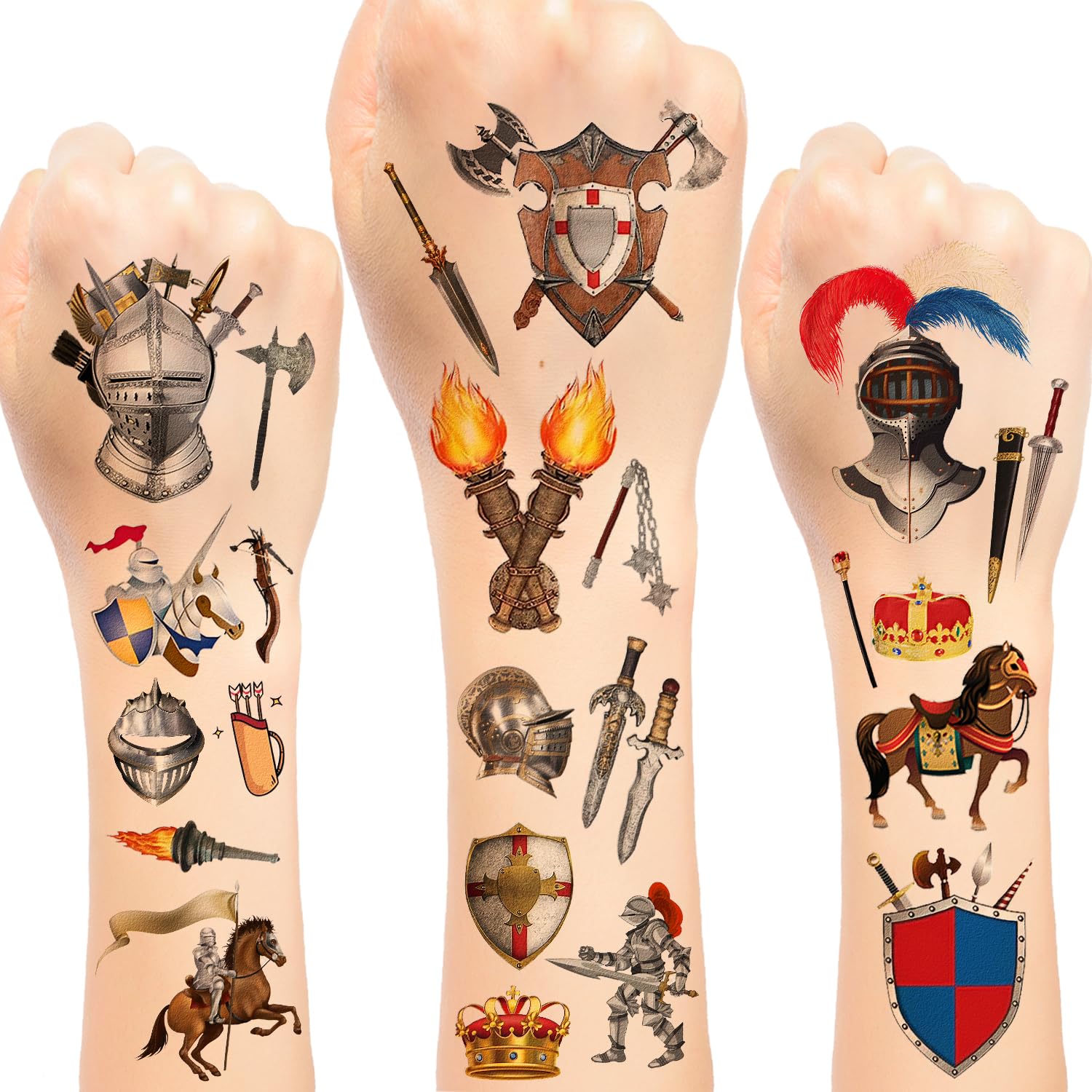 288PCS Knight Castle Medieval Temporary Tattoos Medieval Knight Crown Castles Party Favors Decorations Supplies for Kids Boys Adults Knight Costume Cosplay Crusader Knight Birthday Party 24Sheet