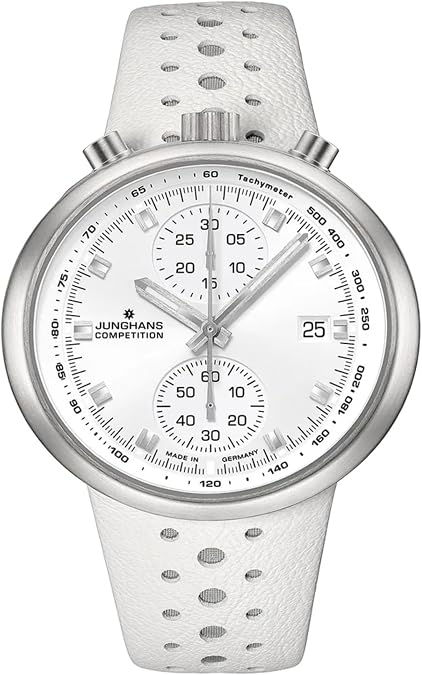JUNGHANS 1972 Competition Watch 45.5mm Automatic Chronograph Watch for Men, Automatic Movement, Stainless Steel Case, Leather Strap (27/4509.00) White Dial