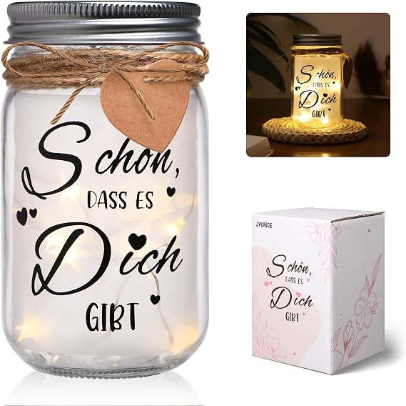 LED bottle light#34;Schön dass es Dich gibt illuminated bottle with saying for women lucky light decorative light for birthday wedding Christmas money box wedding gift [Energy Class A]