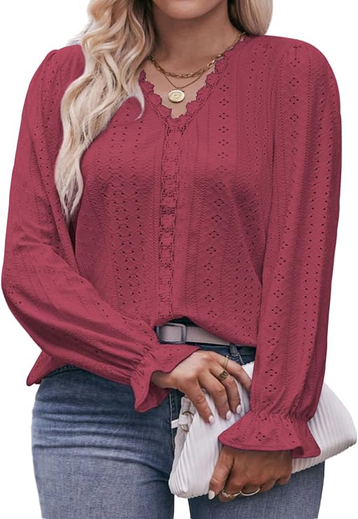 VOGRACE Plus Size Tops for Women V Neck Ruffle Long Sleeve Eyelet T Shirt Trendy Lace Crochet Casual Hollow Blouses Tees