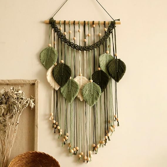 Artilady Macrame Wall Hanging Tapestry, Boho Sage Green Leaf Wall Decor