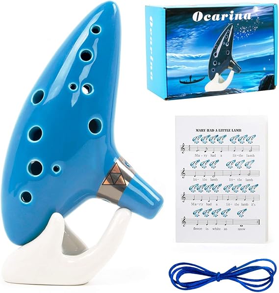 Ocarina 12 Tones Alto C with Song Book Display Stand Neck Cord (Light blue)