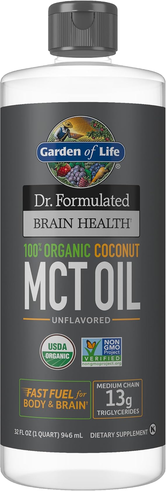 Garden of Life Dr. Formulated Brain Health 100% Organic Coconut MCT Oil, Body and Brain Fuel, 32 Fl oz