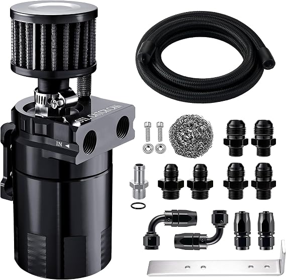 EVIL ENERGY Oil Catch Can, 300ml Baffled Catch Can Kit with Breather Filter, Universal Aluminum Air Oil Separator 2 Port with 8AN CPE Fuel Hose & Fitting Kits