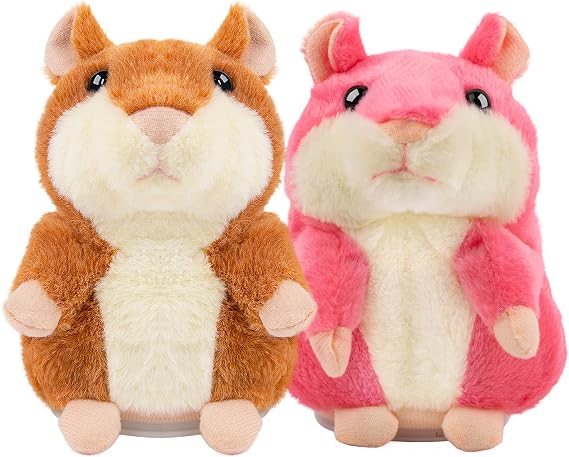 2 Pcs Talking Hamster Repeats What You Say, Toddlers Stuffed Animal Interactive Plush Toys Easter Basket Stuffers Birthday for Boys Girls 3+ Year Olds (Brown+ Pink)