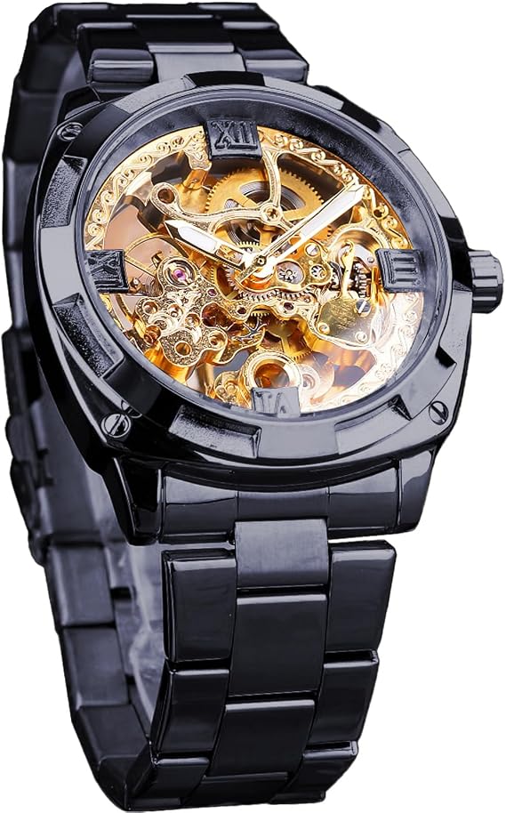 FORSINING Men's Luxury Skeleton Watch Engraved Hollow 41mm Big Dial Square Bezel Wrist Watch Automatic Mechanical Men Watches, multicolor black / gold, Classic
