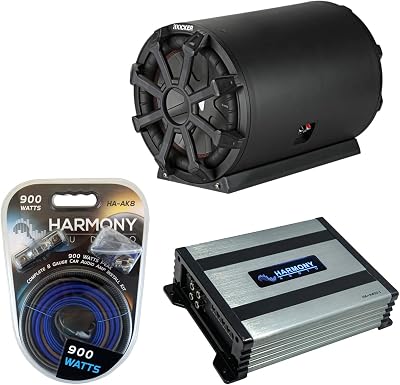 Harmony Audio Kicker Bundle Compatible with Universal Vehicle 46CWTB102 10 Bass Tube Sub Box with HA-A400.1 Amplifier and HA-AK8 8Ga Amp Install Kit
