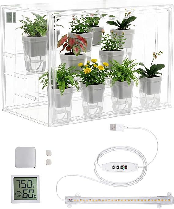 Clear Mini Indoor Greenhouse, with Hygrometer and Grow Light, 1-Pack