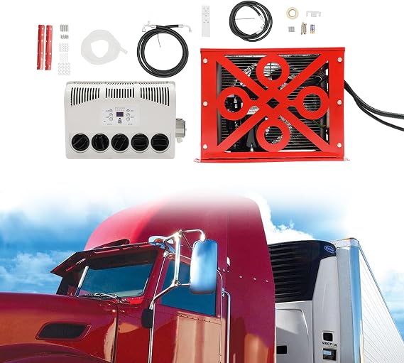 12V Truck Cab Air Conditioner Split AC Unit, 11000BTU Mini Split RV Truck Air Conditioner Fit Semi Truck Caravan, Rvs, Trucks, Construction Vehicles, Excavators, Harvesters, Red, White, Universal