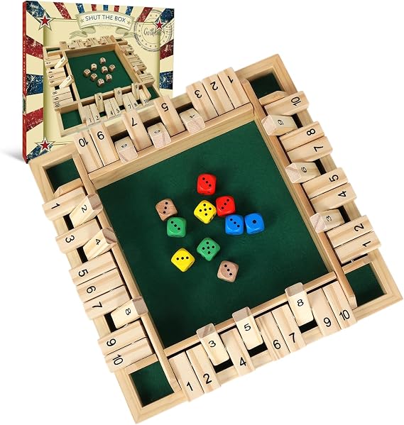 GOTHINK Shut The Box Dice Game with 8pcs Dices 12 inch Traditional Wooden Table Math Board Game 10 Numbers for Kids Adults, Family Classroom Home or Pub Bar 1-4 Players