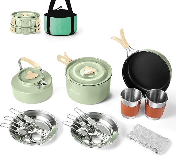 Odoland 15pcs Camping Cookware Mess Kit, Lightweight Pot Pan Kettle Set