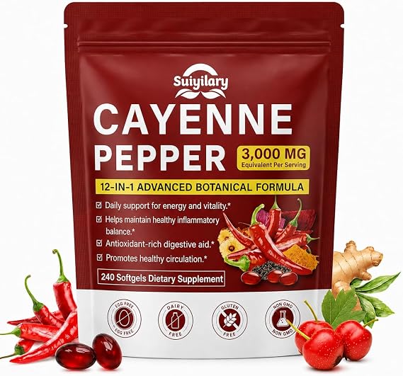 Cayenne Pepper Softgels Capsules, Capsaicin Supplements, Supports Leg Vein, Heart, Blood Vessel Health, 12-in-1 Extracts blend Vitamin E D3+K2, Grape Seed, Hawthorn, Beetroot, Berberine (240 count)