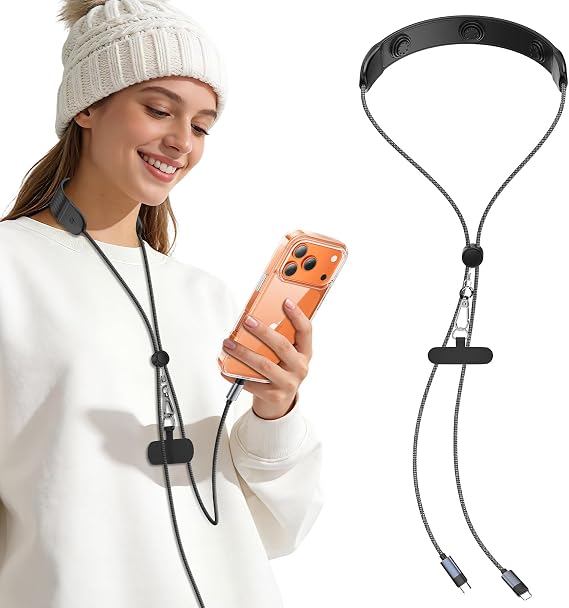 4.8FT 3-in-1 Cell Phone Lanyard ,Crossbody Lanyard with 100W USB C to C Fast Charging Cable & Neck Massages, Anti Theft Phone Strap Crossbody , Phone Neck Lanyard for Daily & Outdoor Activities,Black