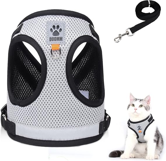 Cat Harness and Lead Set, Escape Proof Cat Kitten Walking Vest with Leash, Adjustable Soft Reflective Mesh Vest Harness and Lead for Small Medium Cats Pets (Grey, S)