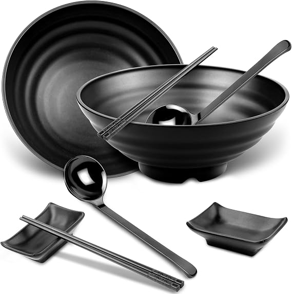 2 Pieces Ramen Bowl Set Japanese Bowls 1020ml Chinese Bowls Noodle Bowl with Chopstick Spoon Dipping Bowl Plastic Large Noodle Ramen Bowl 35 Ounces for Pasta Soup Salad Fruit Birthday Christmas