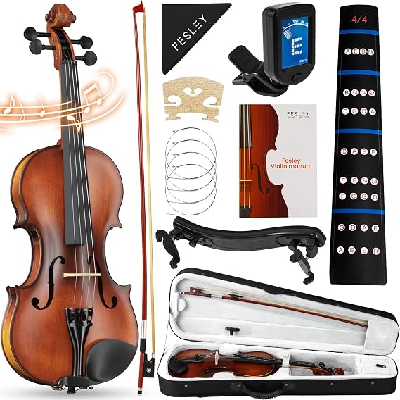 Fesley 4/4 Beginner Violin Kit for Adults & Teens, Full Size Acoustic Violin Set with Hard Case, Bow, Shoulder Rest, Digital Tuner & Extra Strings, Handmade Solid Wood Student Violin