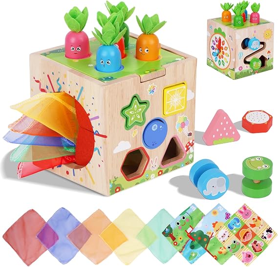 KMTJT Wooden Activity Cube - Montessori Toys for 1 2 3 Year Old Toddlers
