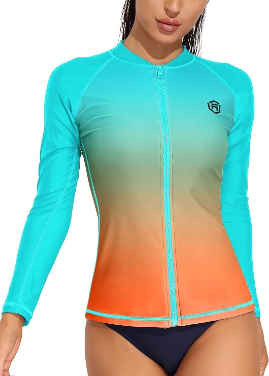 ATTRACO Women Long Sleeve Rash Guard UV Sun Protection Zipper Swimsuit Top | Zipper, Gradient Color, UPF 50+, Quick Dry, Soft, Breathable, Beach, Swimming, Hiking, Campaing, Surfing, Diving, Running