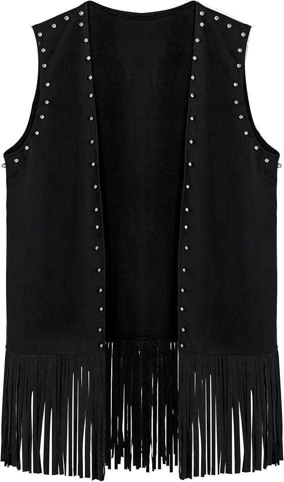 Pistha Women's Fringe Vest 70s Hippie Rivets Tassel Vest Sleeveless Western Cowgirl Costume for Halloween and Hippie Party(Black,XXL)