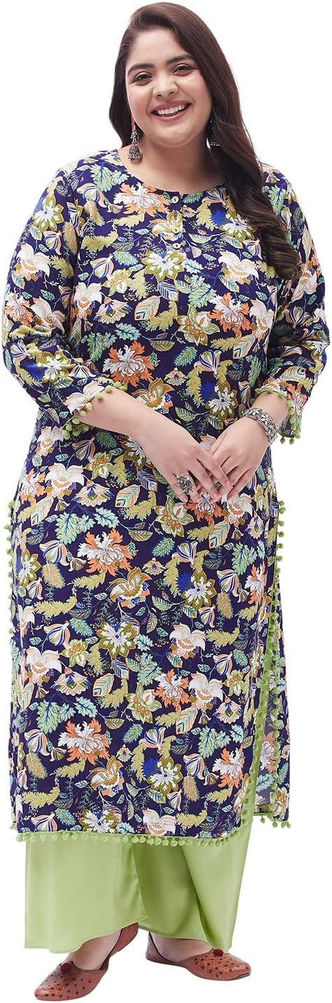 Tissu Women's Plus Size Rayon Blue & Green Printed Kurta with Palazzo