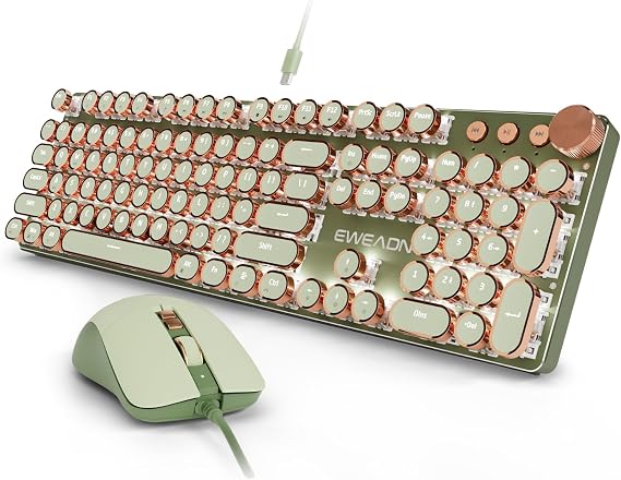 Wired Typewriter Keyboard and Mouse Combo, Low Noise Pink Switch-Green