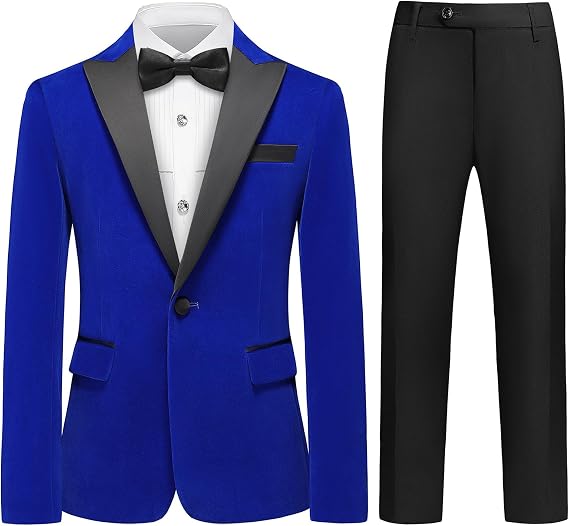 Lamgool Boys Velvet Suit Slim Fit 4 Piece Tuxedo Set with Blazer Jacket Dress Shirt Pant Bow Tie Kids Wedding Formal Outfit