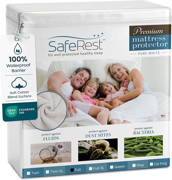 SafeRest Waterproof Full Size Mattress Protector - Fitted with Stretchable Pockets - Machine Washable Cotton Blend Mattress Cover for Bed