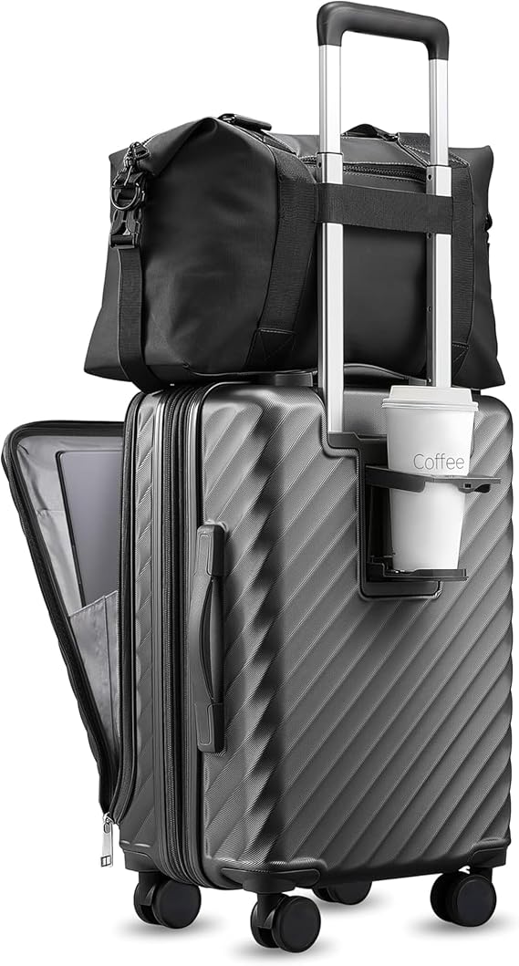 LUGGEX Front Compartment Carry On Set, Gunmetal, 20" + Tote | Carry On Set, Expandable PC Hard Shell, Front Compartment, Front Pocket, TSA Lock, Spinner Wheels, FX-Plus