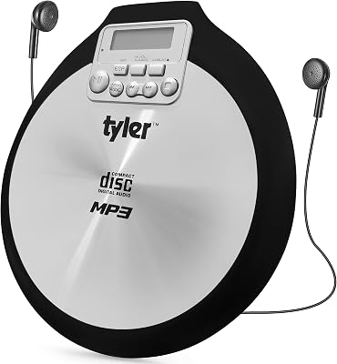 Tyler TDM-01 Portable CD Player - Multi-Function Music Device for Compact Disc, CD-R, CD-RW, CD-MP3 - X-Bass Stereo Sound and Anti-Shock - Pro-Earbuds - Black and Silver Design