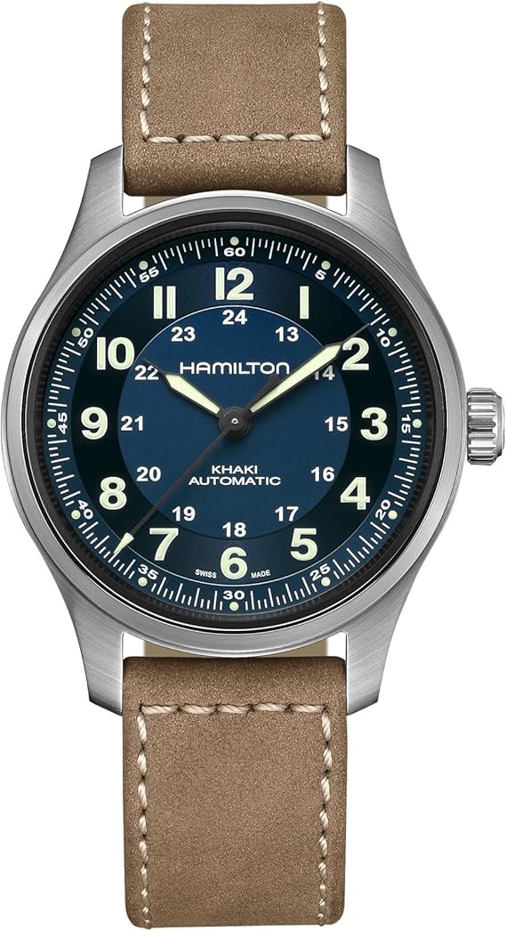 Hamilton Khaki Field Titanium Automatic Men's Watch, 42mm Titanium Case, Swiss Made, Blue Dial Analog Wrist Watch for Men, 100m Waterproof, Sapphire Crystal, 3-Hand Movement, Cow Leather Strap