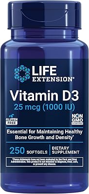 Life Extension Vitamin D3 25 mcg 1000 IU, Immune System Support, Bone Health, Whole-Body Health, Value Size, Gluten-Free, Non-GMO, 250 softgels