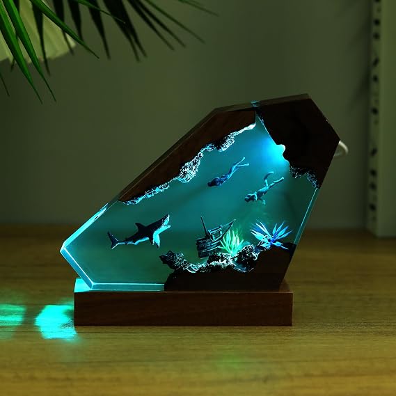 Drawelry Large Ocean Creative Epoxy Resin Wood Light Lamp, Deep Sea Cave Diving Enthusiasts LED Night Light Handmade Multicolor Aquatic Ocean Lamp Decor Birthday Gift for Men (White Shark, L)