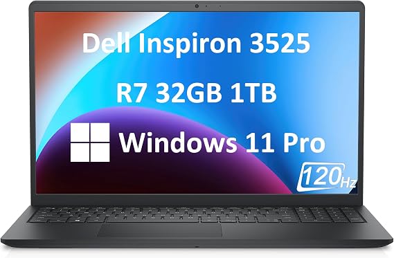 Dell Inspiron 15 15.6" Business Laptop (FHD 120Hz, AMD Ryzen 7 5700U, 32GB RAM, 1TB SSD, 8-Core (Beats i7-1165G7)) Numeric Keypad, Webcam, Wi-Fi, 2024 Inspiron 3000 3525, Win 11 Pro, Carbon Black