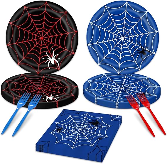 48Pcs Cartoon Spidey-Themed Birthday Party Supplies Happy Birthday Plates and Napkins Set Web Baby Shower Decorations Spider Party Decorations