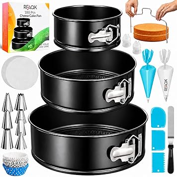 RFAQK 100pcs Cake Pan Sets for Baking + Cake Decorating Supplies: 3 Non-Stick Springform Pans Set (4, 7, 9 inches), Icing Tips, Cake Leveler Multi-functional Leak-Proof CheeseCake Pan & eBook