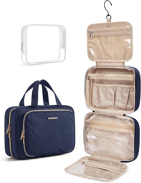 BAGSMART Toiletry Bag Hanging Travel Makeup Organizer with TSA Approved Transparent Cosmetic Bag Makeup Bag for Full Sized Toiletries, Medium-Navy