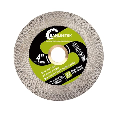 Diamond Tile Saw Blade 4"(105mm) Cutting Grinding Disc for Porcelain Ceramic Tile Marble Artificial Stone with Double-Sided X Mesh Rim SANLEETEK