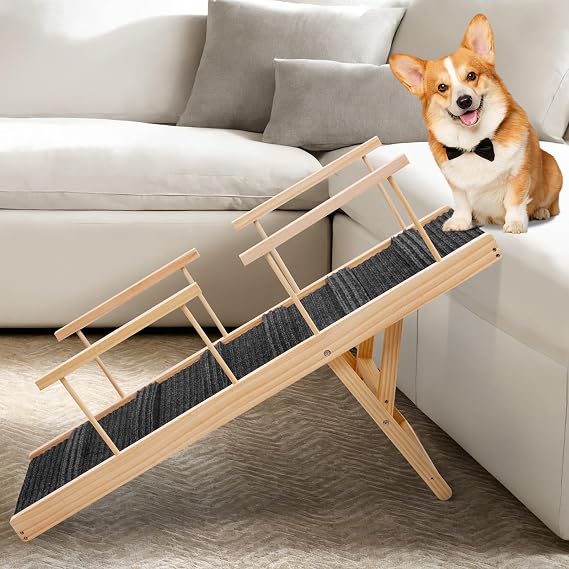 Dog Step Stool Non-Slip, Sturdy Build Foldable Dog Stair Landing Platform Seamlessly Connects - Pine Wooden Pet Staircase