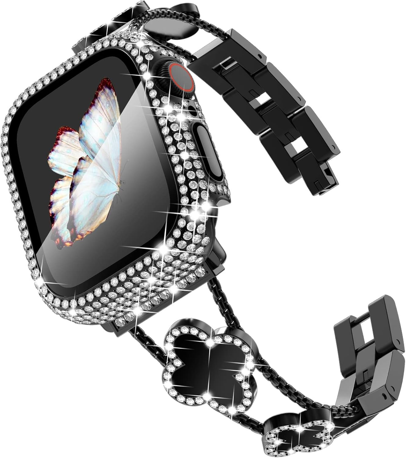 Surace Compatible with Apple Watch Bands 40mm for Women, Jewelry Diamond Rhinestone Stainless Steel Metal Wristband Strap with Bling PC Protective Case for iWatch Series 654 SE 40mm, BlackBlack
