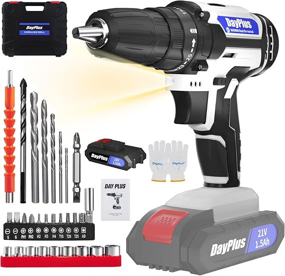 21V Cordless Drill Set, 3 in 1 Electric Drill with 0-1400 Variable Speed, Torque Rating 25+1, 3/8” Keyless Chuck Power Drills with LED Light, 29 Accessories Cordless Driver for Home Repair/DIY (1.5Ah)