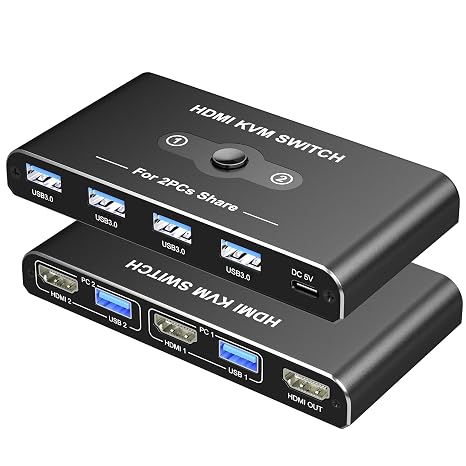 KVM Switch, KVM Switch 1 Monitors 2 Computers, HDMI Switch, 4K@60Hz KVM Switches for 2 Computers Sharing 1 Monitor, 4 USB 3.0 Devices Such as Keyboard, Mouse, Printer, Scanner