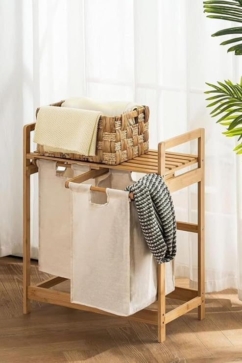 Digithome Bamboo 2 Compartment Dirty Basket Laundry Basket Bathroom Organizer with Shelf DB-0007