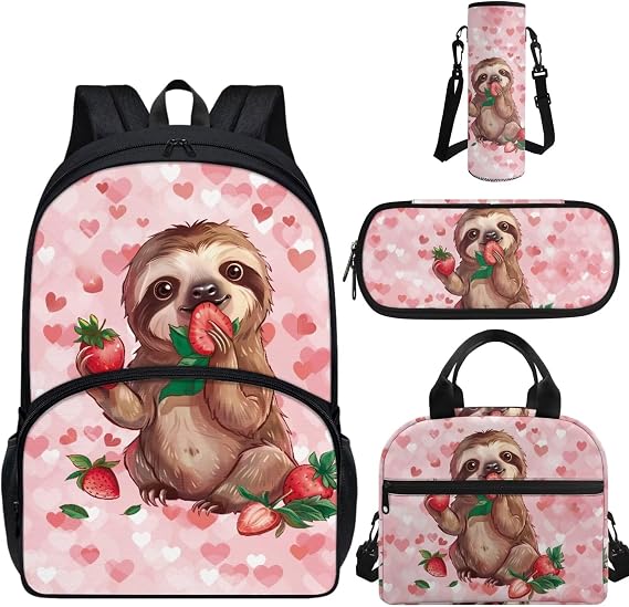 Girls Backpack with Lunch Box and Pencil Case 4 Piece School Bag Set strawberry sloth