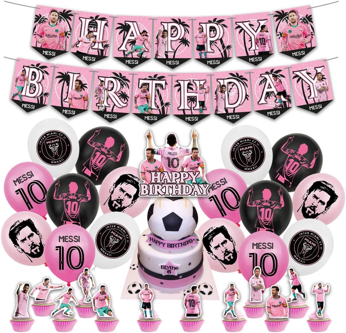 Birthday Party Supplies For messi Includes The Soccer Inspired Happy Birthday Banner - Cake Topper - 24 Cupcake Toppers - 16 Balloons
